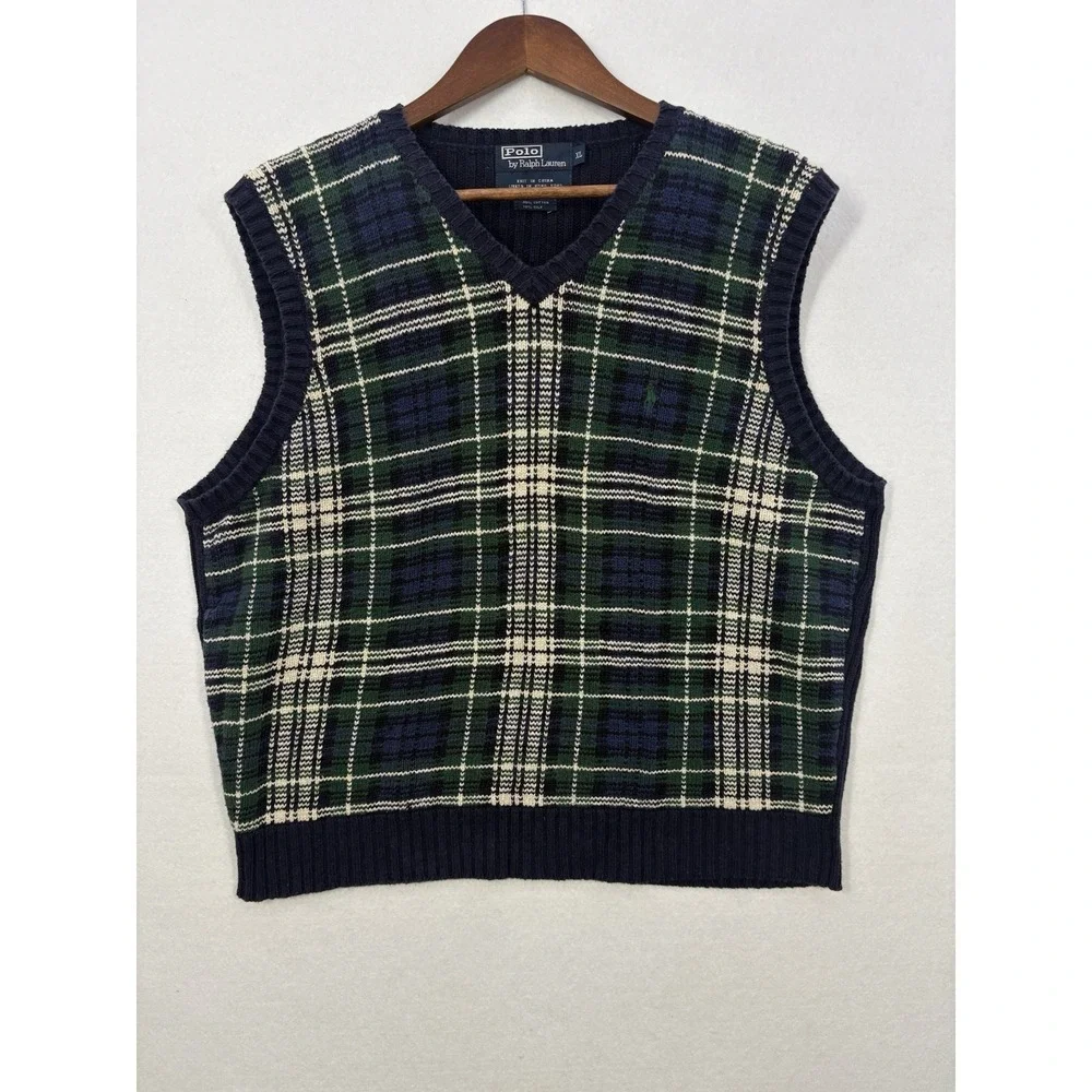 VTG Polo Ralph Lauren Knit Sweater Vest Plaid Pony Academia‎ Green Navy Prep XL